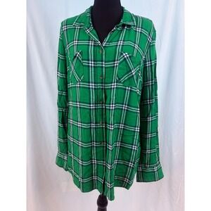 Merona Womens XXL Green Plaid Button Down Shirt Long Sleeve Rayon Soft Casual